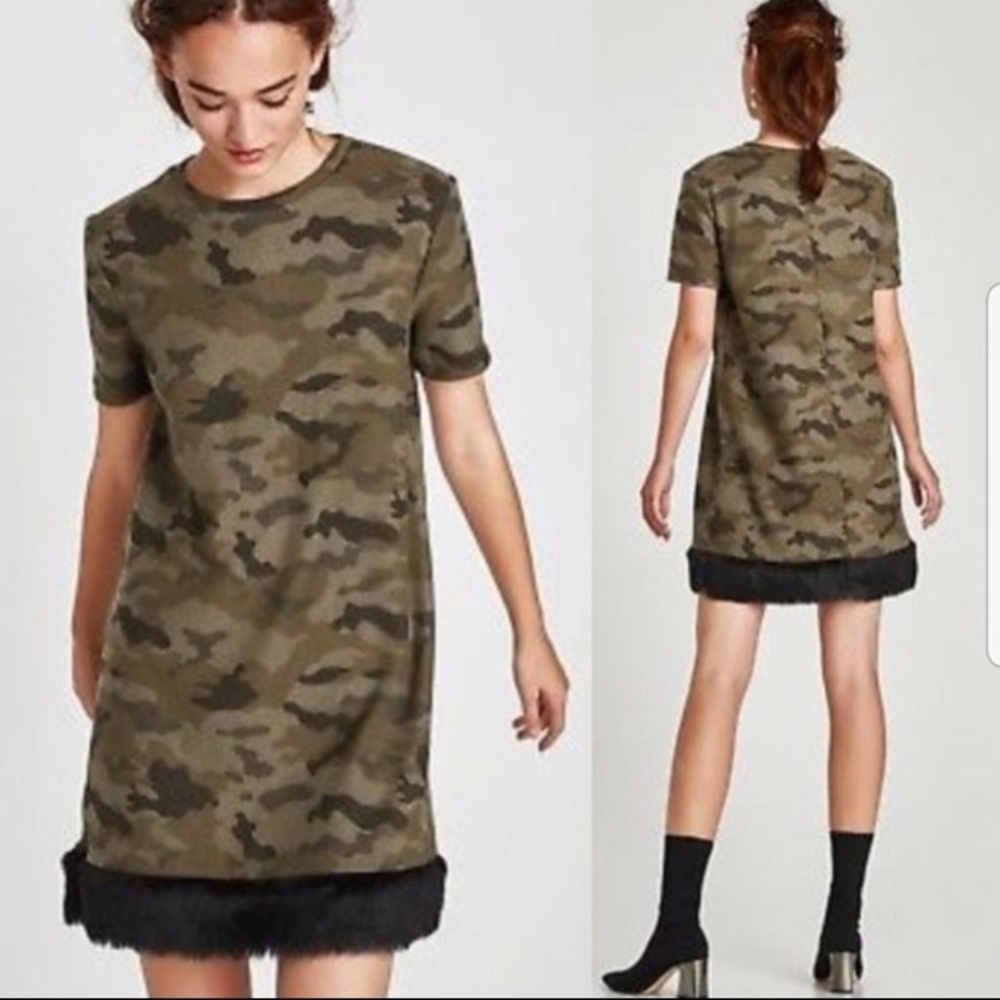 CAMO FUR TRIM MINI DRESS